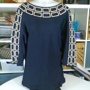 Adrienne Vittadini women's Blue Tunic Gold Glittered knit top 3/4 sleeve Size S